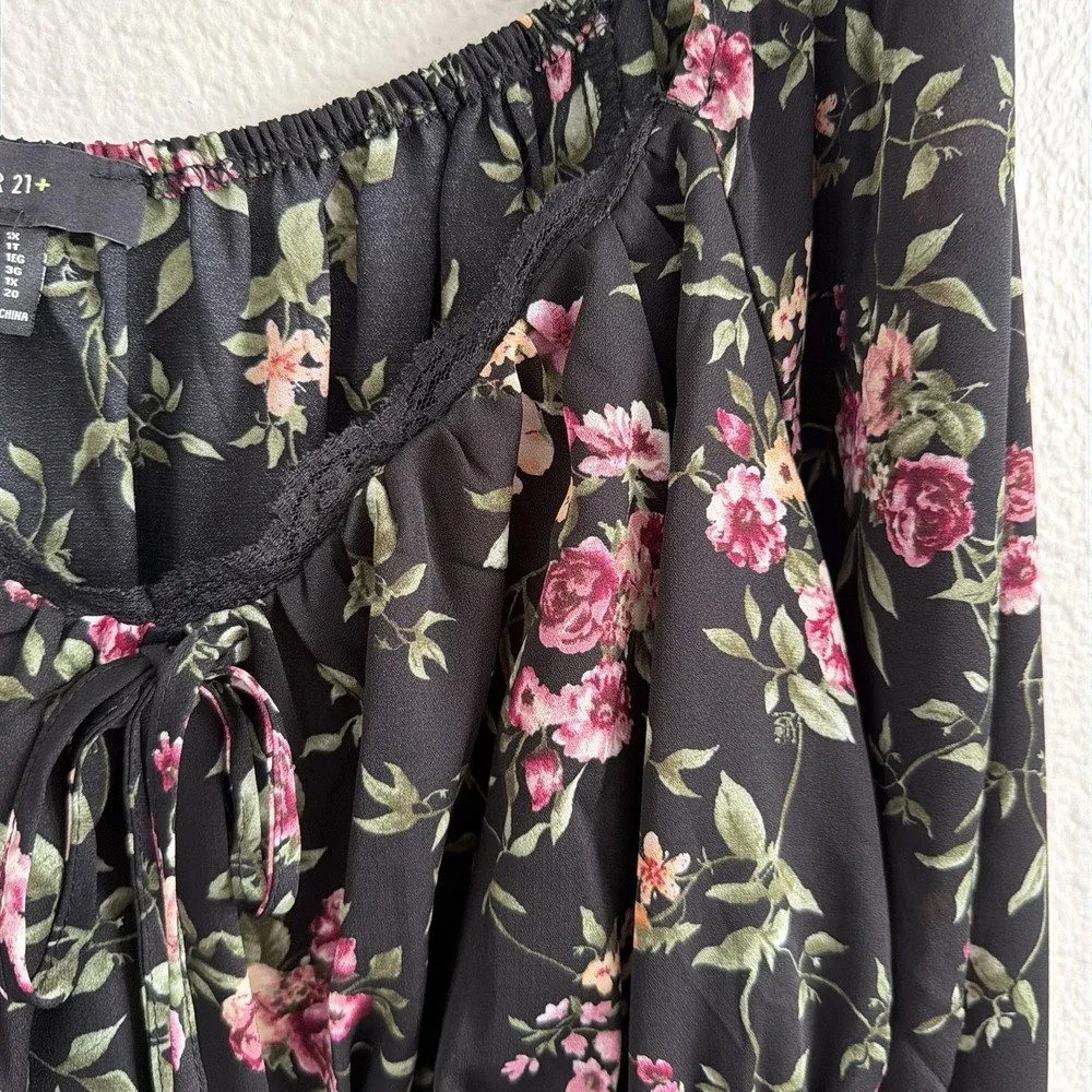 1X XL Floral Boho Off the Shoulder Top Blouse Puff Sleeve Peasant Lace Trim - Picture 5 of 15
